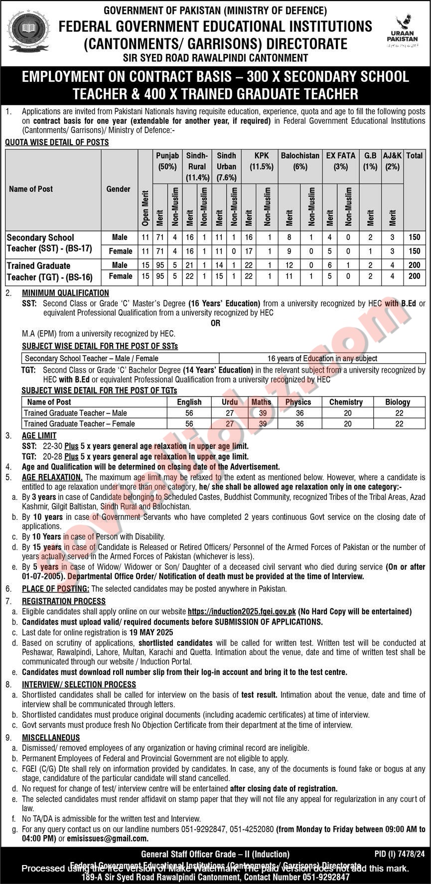FGEI SST and TGT Jobs 2025 Advertisement: