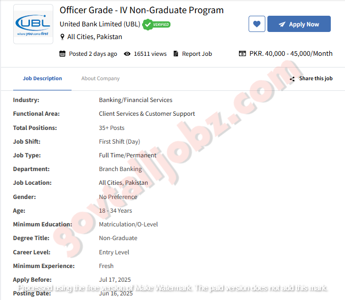 Officer Grade - IV Non-Graduate Program
