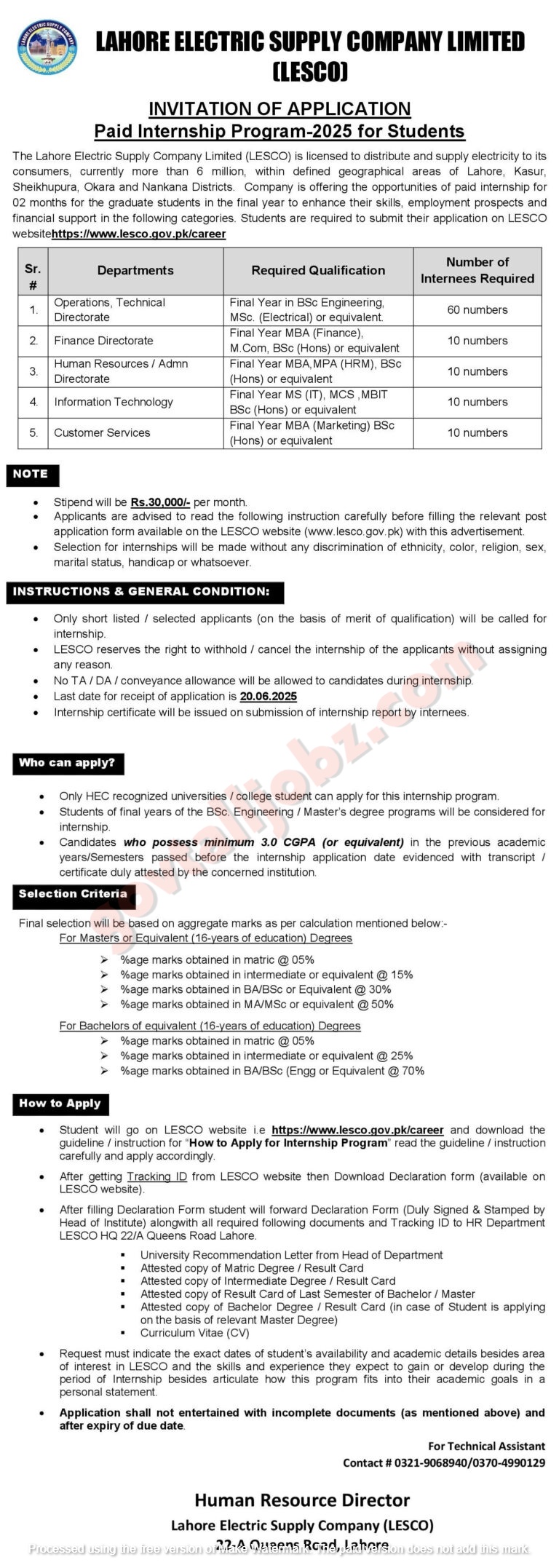 LESCO Paid Internship Program 2025